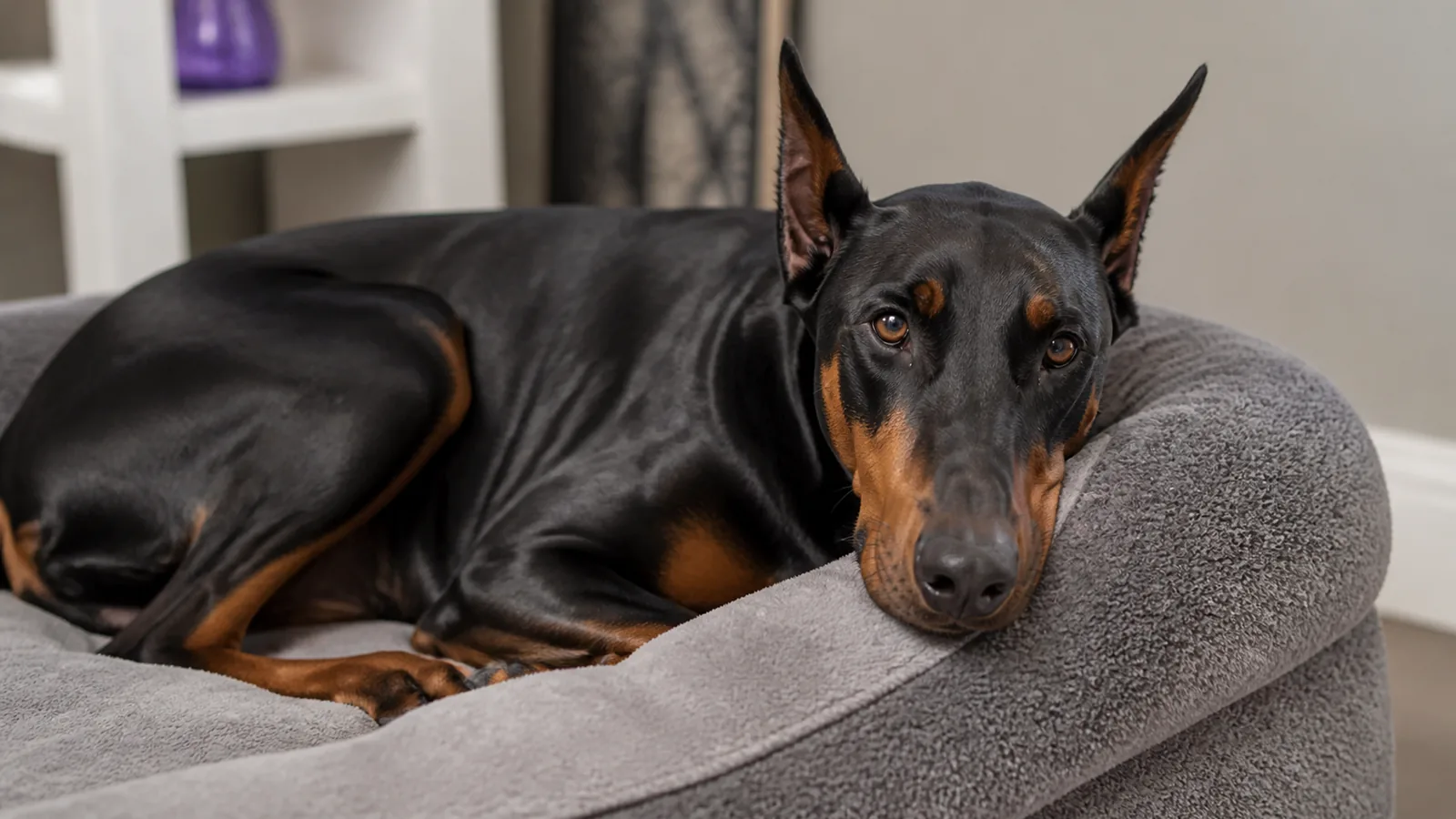 Doberman Pinscher sitting indoors, resting calmly while looking slightly weary or resting its head on a cozy dog bed.