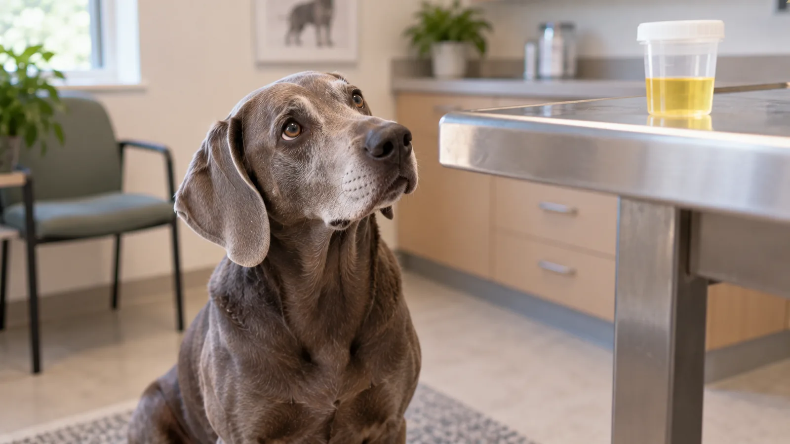 A grey short-haired dog sits in an exam room beside a steel table holding a cup of urine sample.